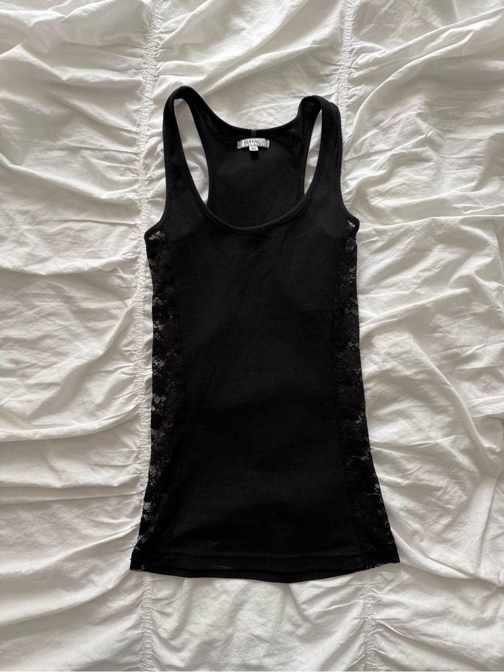 Buffalo David Bitton Black Ribbed Tank with Lace Side Panels